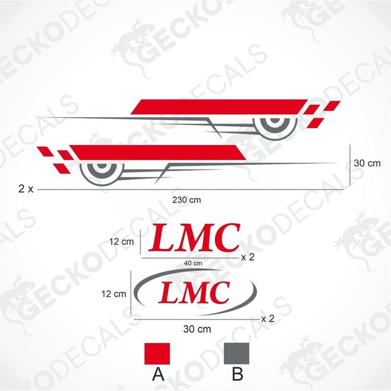 White caravan with LMC branding and red and black decals.
