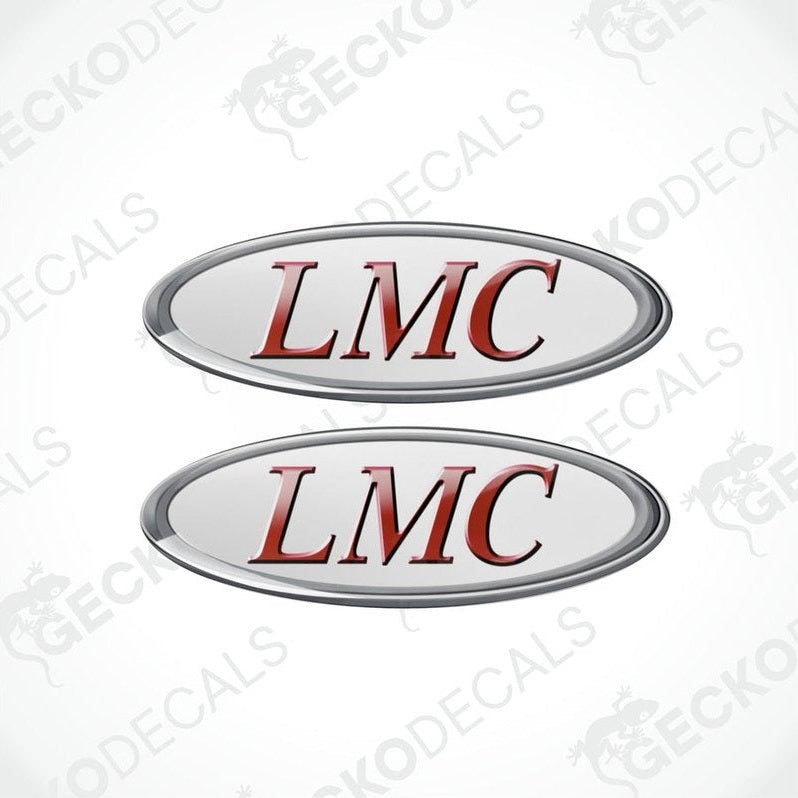 Two vinyl stickers with polyurethane coating, featuring the LMC logo in red and white on a silver background, placed on a gecko decals background.
