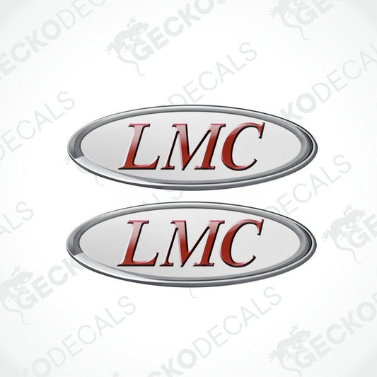 Two vinyl stickers with polyurethane coating, featuring the LMC logo in red and white on a silver background, placed on a gecko decals background.