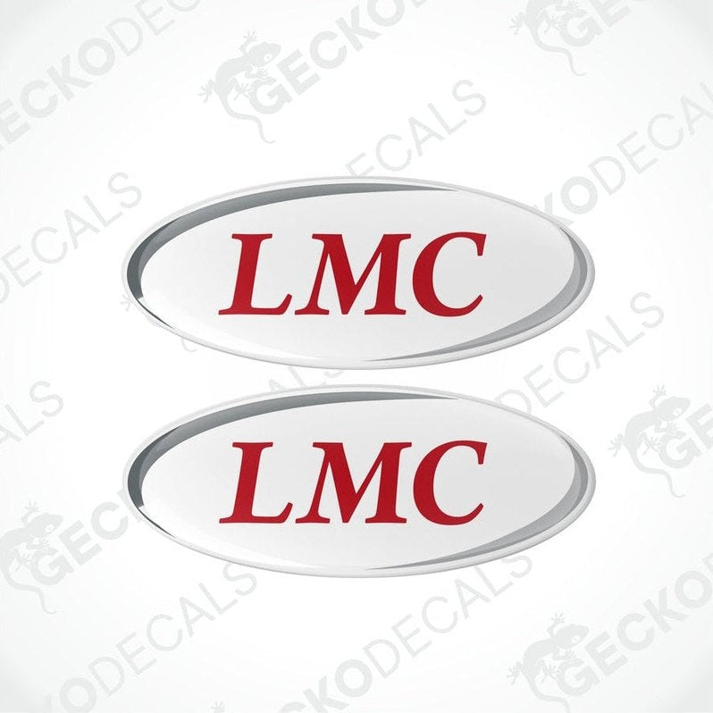 Two white oval decals with the LMC logo in red, placed on a gecko decals background.