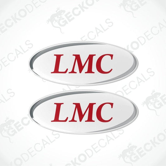 Two white oval decals with the LMC logo in red, placed on a gecko decals background.
