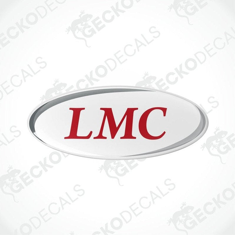 Two white oval decals with the LMC logo in red, placed on a gecko decals background.