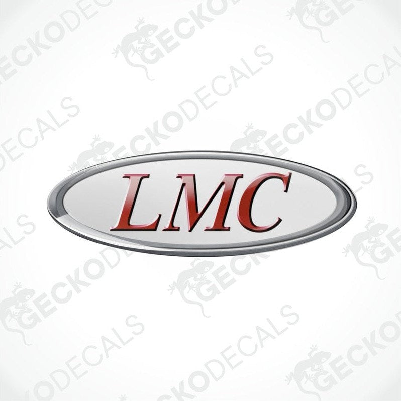 Two vinyl stickers with polyurethane coating, featuring the LMC logo in red and white on a silver background, placed on a gecko decals background.