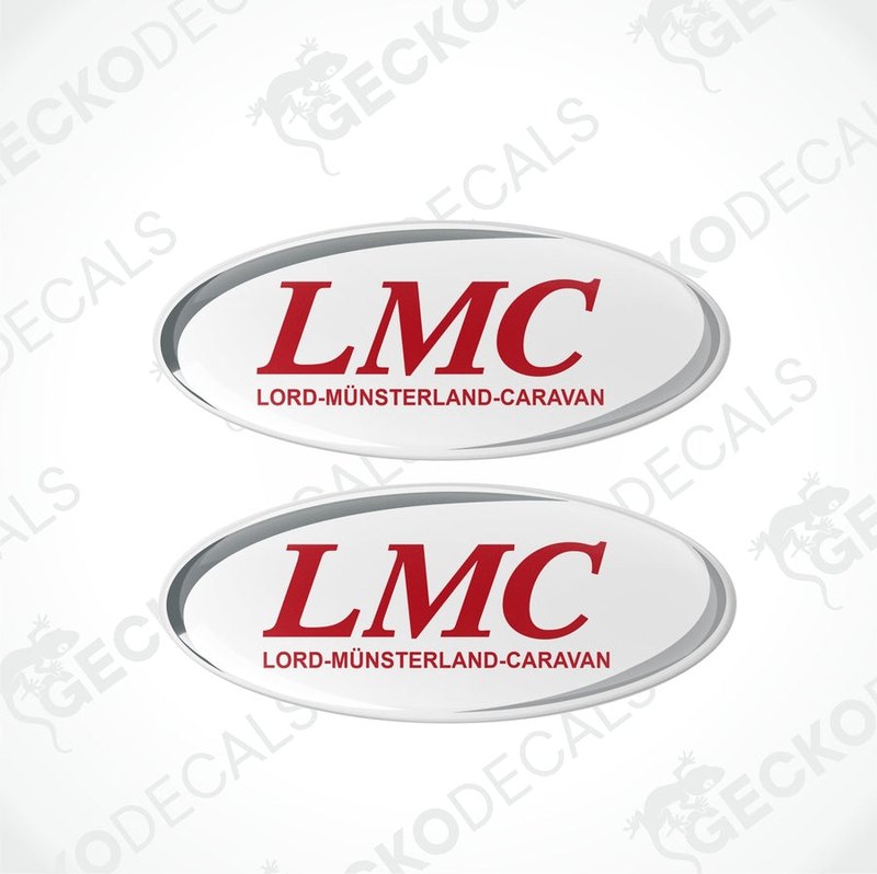 Two white oval decals with the LMC logo in red, placed on a gecko decals background.