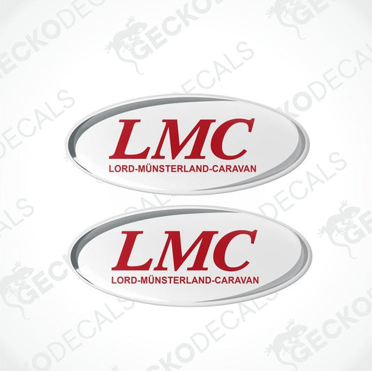 Two white oval decals with the LMC logo in red, placed on a gecko decals background.