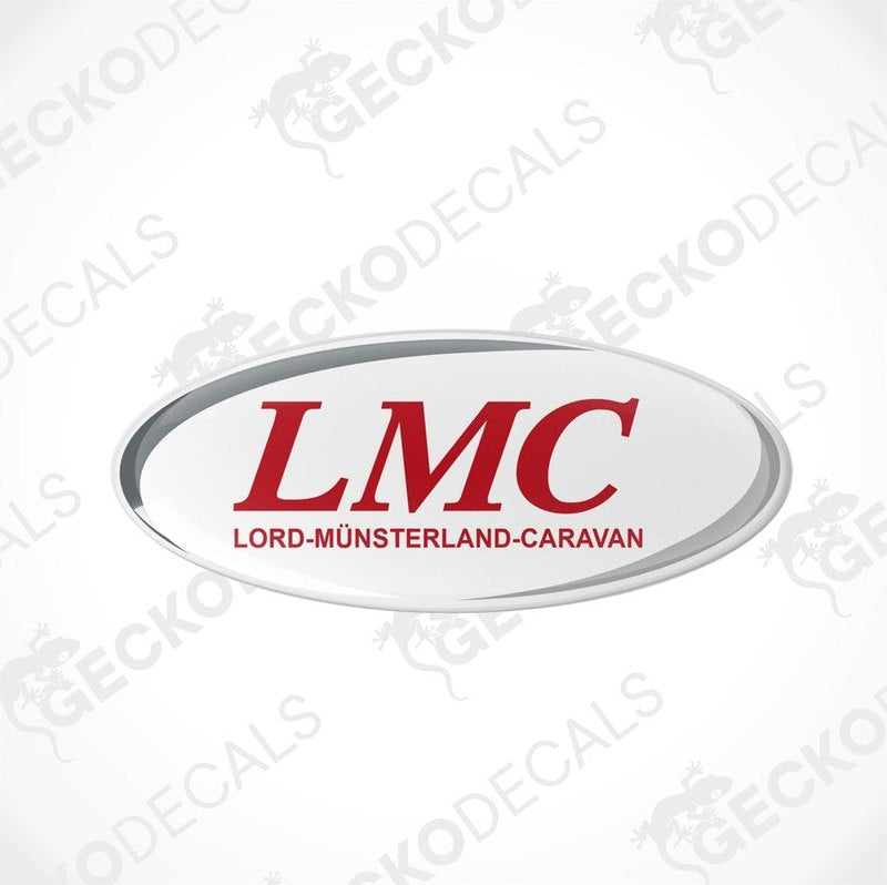 Two white oval decals with the LMC logo in red, placed on a gecko decals background.