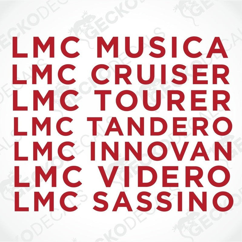 A set of red die cut decals for LMC vehicles, including models such as Musica, Cruiser, Tourer, Tandero, Innovan, Videro, and Sassino.