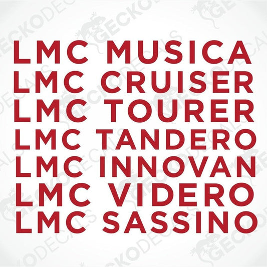 A set of red die cut decals for LMC vehicles, including models such as Musica, Cruiser, Tourer, Tandero, Innovan, Videro, and Sassino.