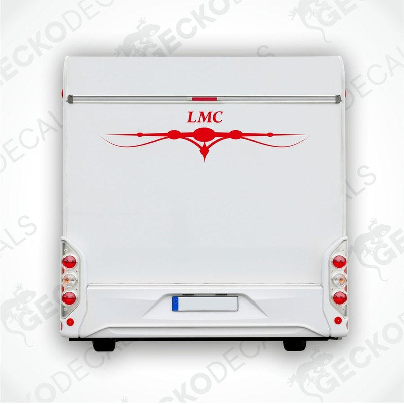 A white caravan with an LMC decal on the rear side.