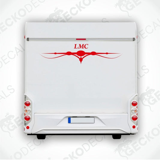 A white caravan with an LMC decal on the rear side.