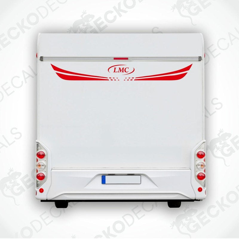 A white caravan decal featuring the LMC logo in red and black.
