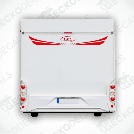 A white caravan decal featuring the LMC logo in red and black.