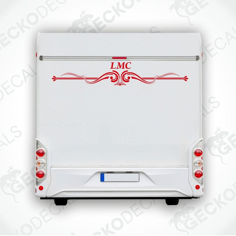 A white caravan decal featuring the letters 'LMC' in red with a decorative red border.