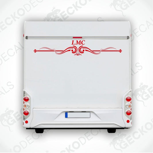 A white caravan decal featuring the letters 'LMC' in red with a decorative red border.