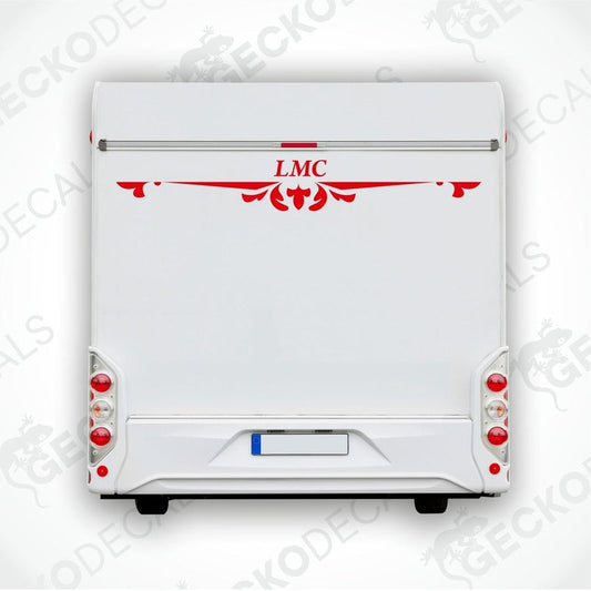 A white caravan with the LMC brand logo and a red decorative element on the rear side.