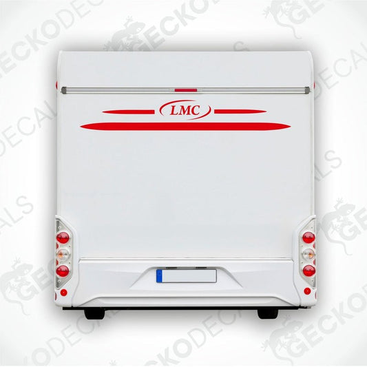 A white caravan decal featuring the LMC logo in red and black.