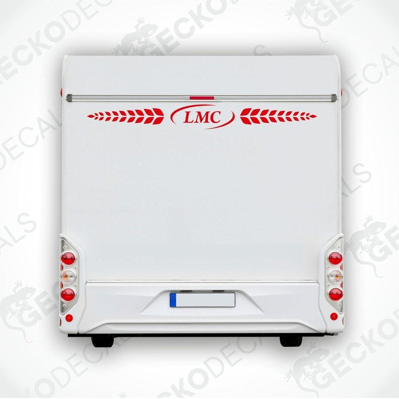 A white caravan decal featuring the LMC logo in red and black.