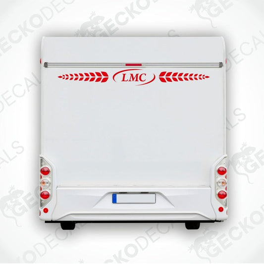 A white caravan decal featuring the LMC logo in red and black.