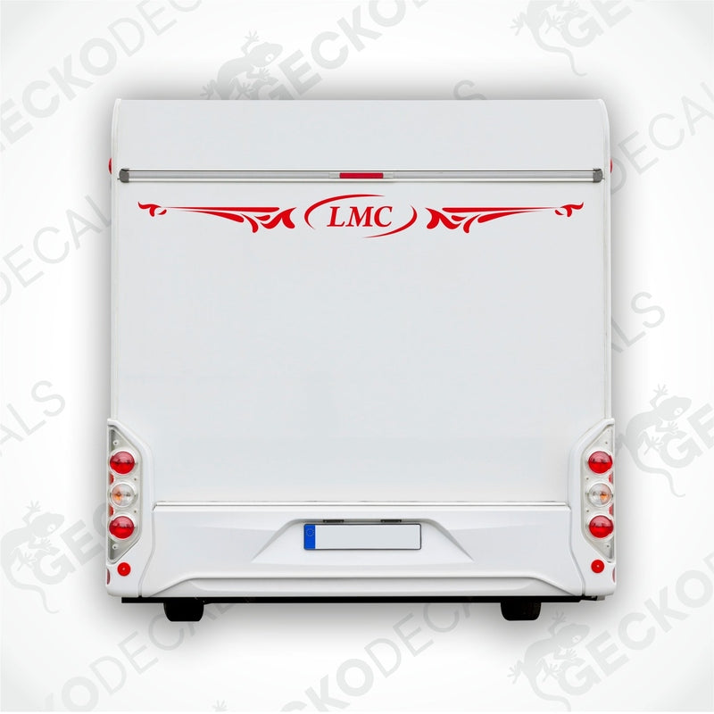 A white caravan decal featuring the LMC logo in red and black.