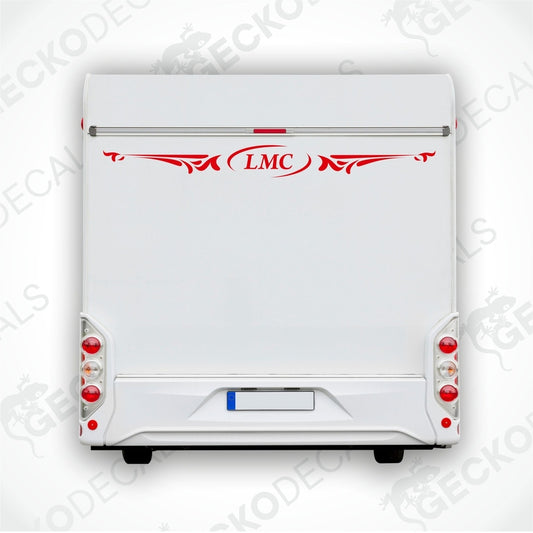 A white caravan decal featuring the LMC logo in red and black.