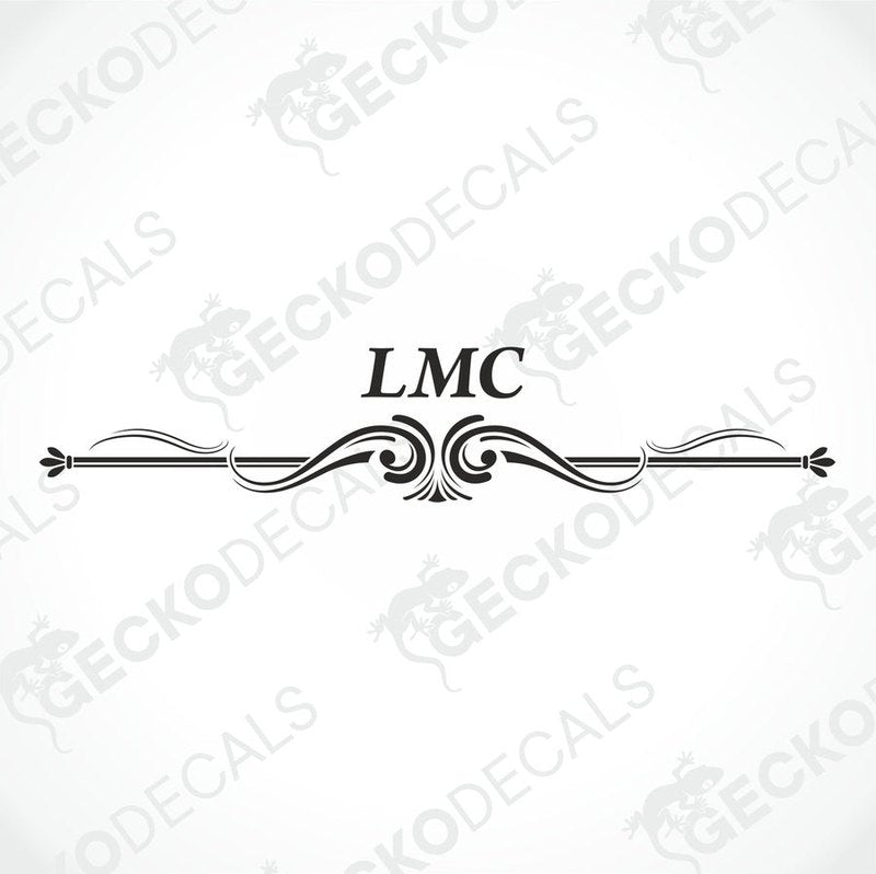 A white caravan decal featuring the letters 'LMC' in red with a decorative red border.