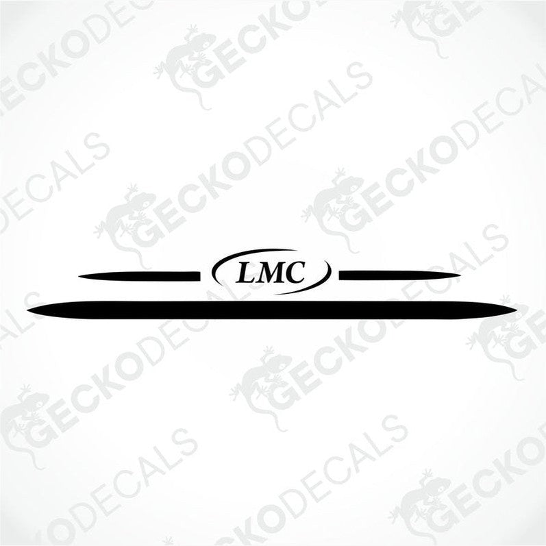 A white caravan decal featuring the LMC logo in red and black.
