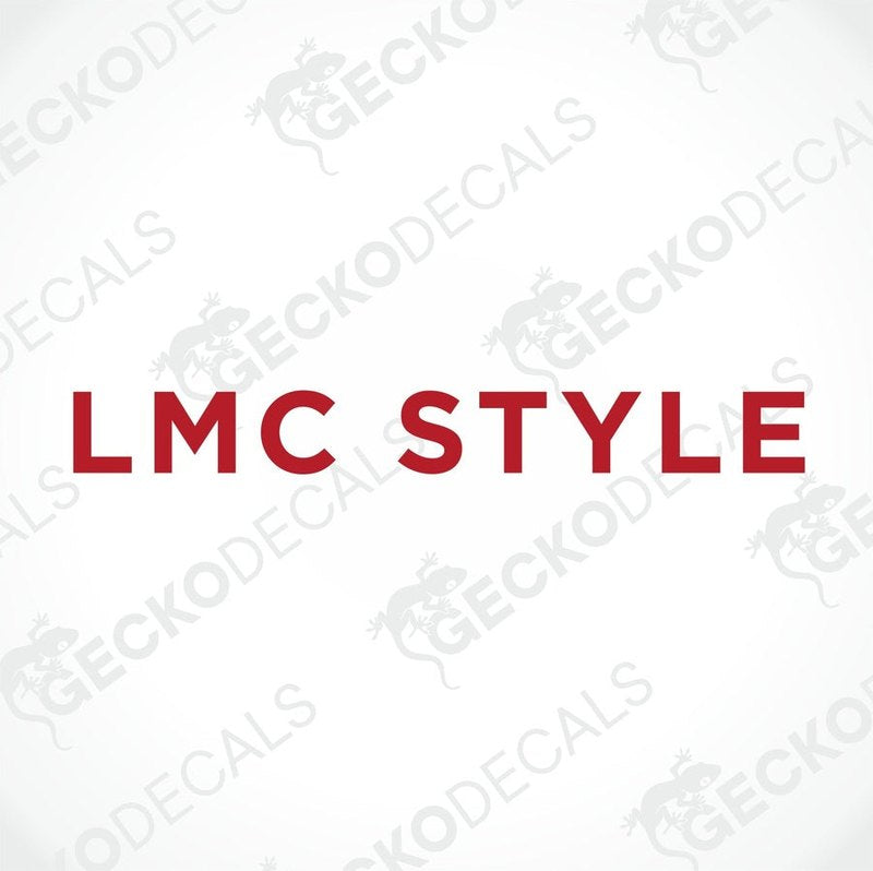 A red and white die cut decal with the text 'LMC STYLE' on a white background with a gecko logo in the top corner.