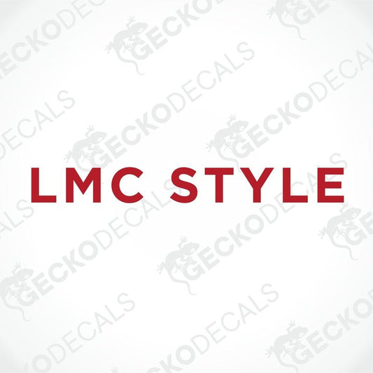 A red and white die cut decal with the text 'LMC STYLE' on a white background with a gecko logo in the top corner.
