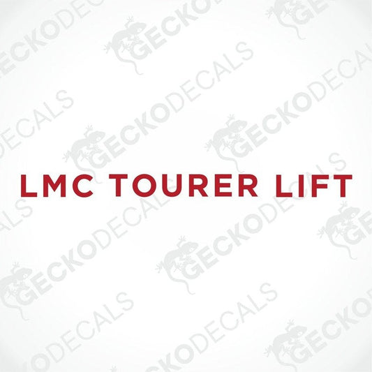 A red die cut decal with the text 'LMC TOURER LIFT' on a white background. The decals have a gecko logo at the top and the text 'GECKODECALS.