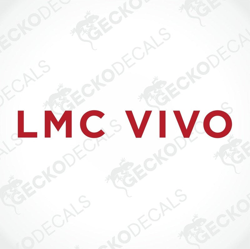 A red die cut decal with the LMC VIVO text logo, delivered on transfer paper, intended for use on caravans.