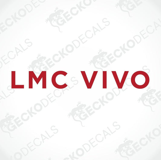 A red die cut decal with the LMC VIVO text logo, delivered on transfer paper, intended for use on caravans.