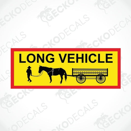 A decal with a yellow background featuring an illustration of a man and a horse-drawn vehicle.