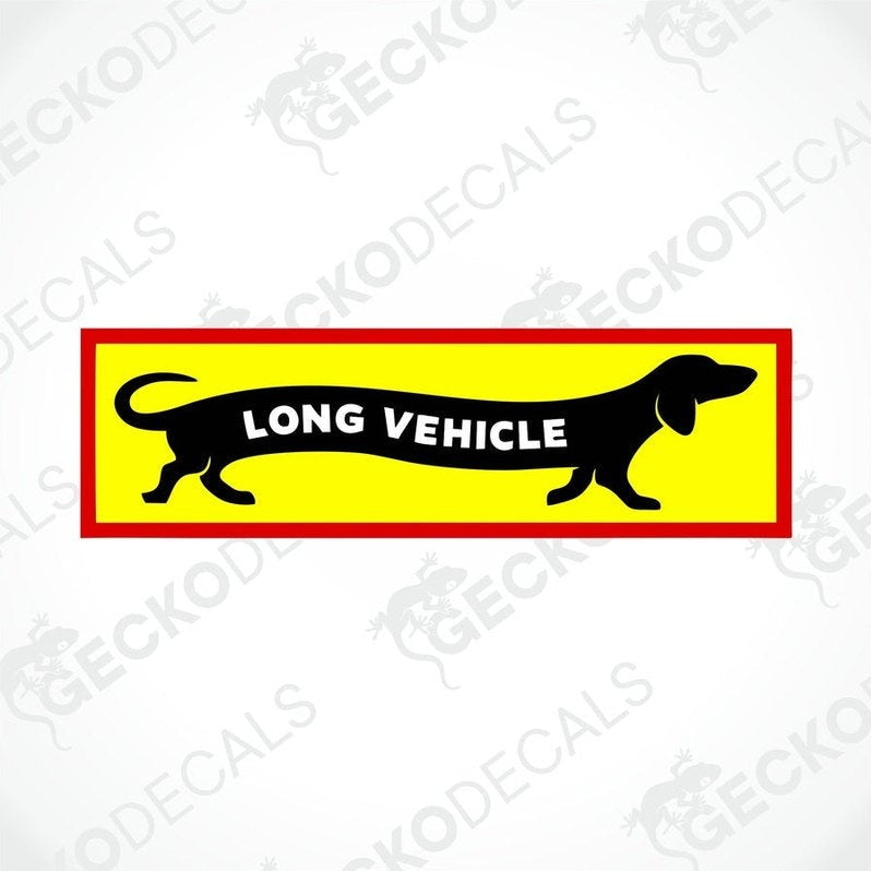 A decal featuring a stylized representation of a long vehicle with the text 'LONG VEHICLE' above it. The vehicle is depicted in black with a yellow background.
