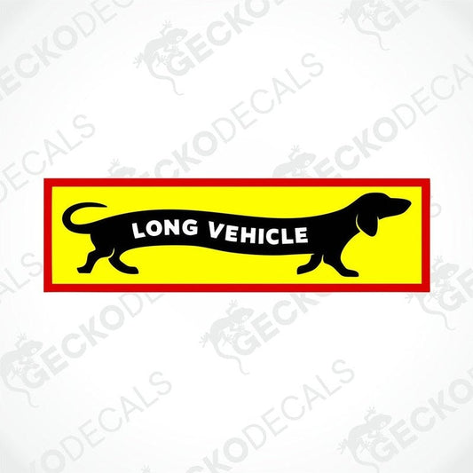 A decal featuring a stylized representation of a long vehicle with the text 'LONG VEHICLE' above it. The vehicle is depicted in black with a yellow background.