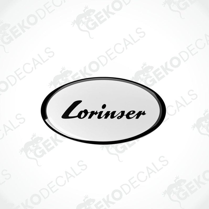  White oval-shaped vinyl decals with the black text 'Lorinser' on them.