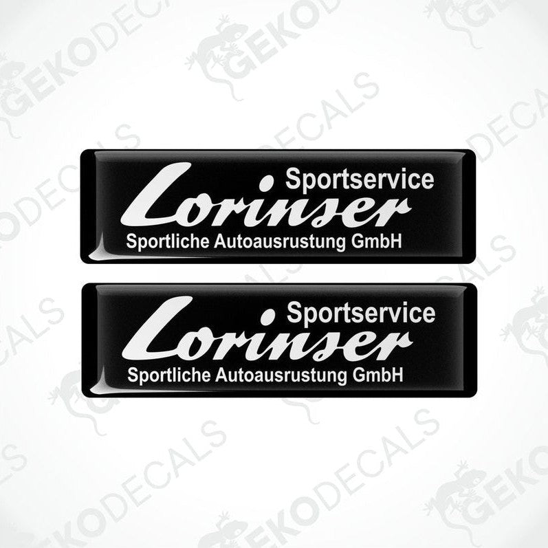 Two black vinyl decals with white text that read 'Lorinser Sportservice Sportliche Autoausrustung GmbH'.