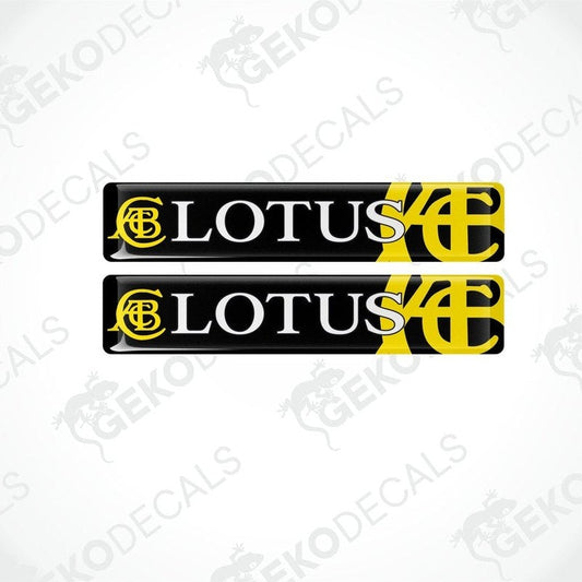 Two black, yellow, and white vinyl decals with the LOTUS logo