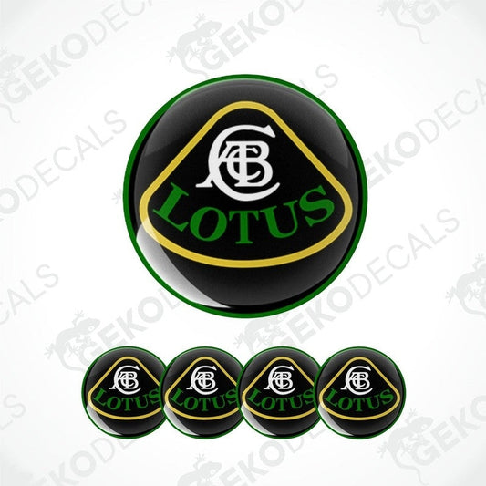A set of four green, black, and yellow vinyl stickers with the word 'LOTUS' printed on them.