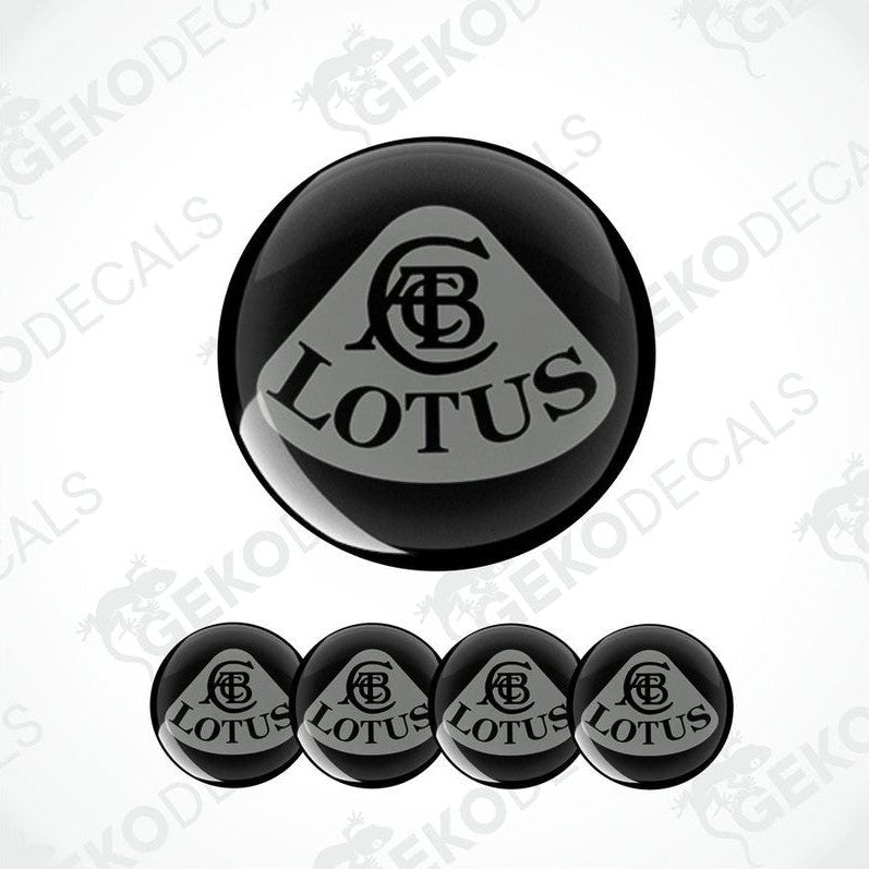 A set of four black vinyl stickers with the word 'LOTUS' printed on them, arranged in a row with the Gecko Decals logo visible on each sticker.