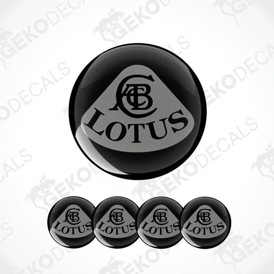 A set of four black vinyl stickers with the word 'LOTUS' printed on them, arranged in a row with the Gecko Decals logo visible on each sticker.