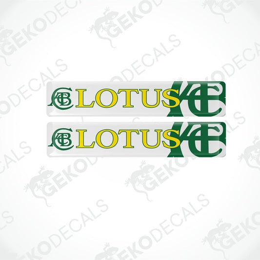A set of two green and yellow vinyl stickers with the LOTUS brand logo.