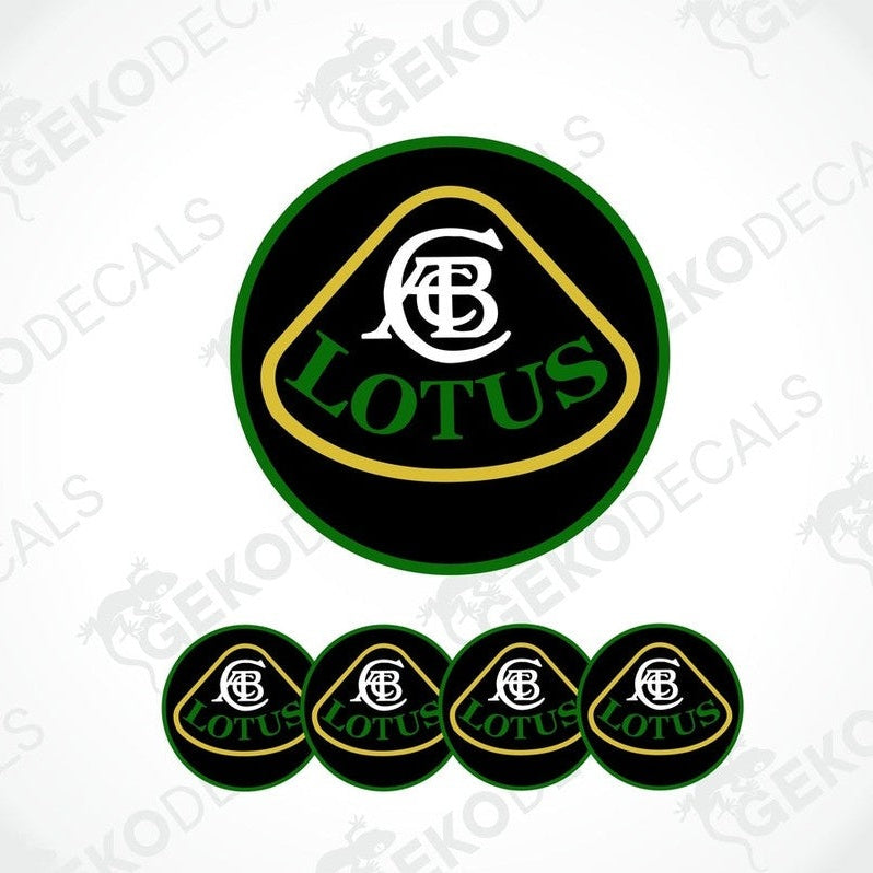 A set of four green, black, and yellow vinyl stickers with the word 'LOTUS' printed on them.