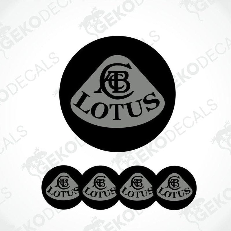 A set of four black vinyl stickers with the word 'LOTUS' printed on them, arranged in a row with the Gecko Decals logo visible on each sticker.