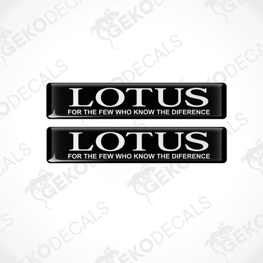 Two black rectangular vinyl decals with the text 'LOTUS FOR THE FEW WHO KNOW THE DIFFERENCE' in white.