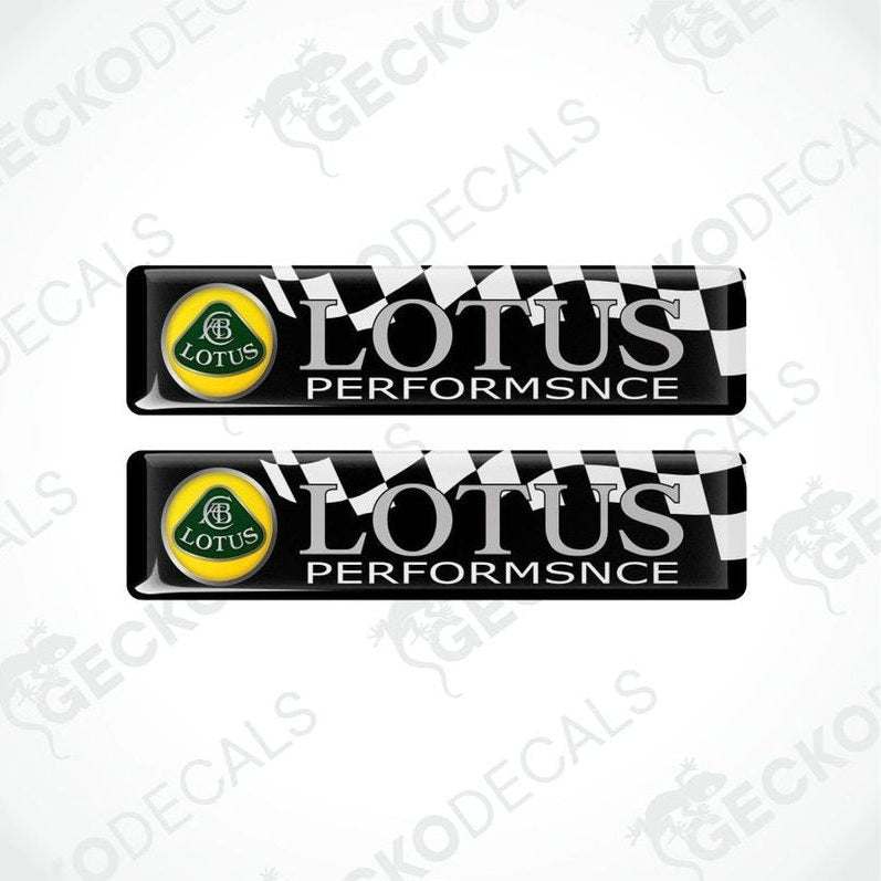 Two Lotus Performance car decals with checkered pattern on a white background.