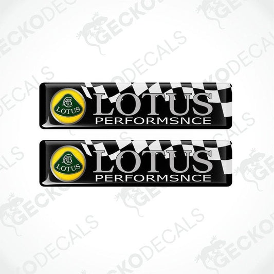 Two Lotus Performance car decals with checkered pattern on a white background.