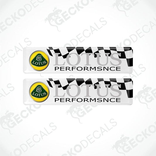 Two Lotus Performance car decals with checkered pattern on a white background.