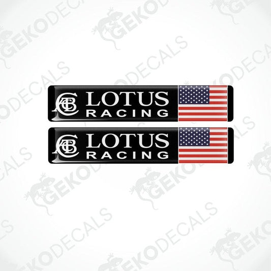 A set of two black vinyl stickers with the LOTUS RACING logo and an American flag design.