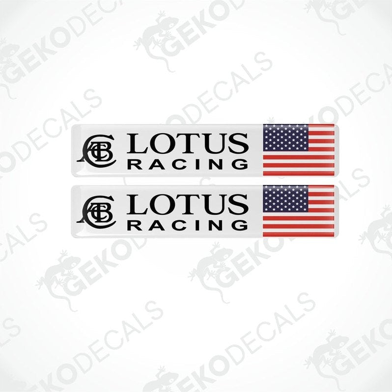 A set of two white vinyl stickers with the LOTUS RACING logo and an American flag design.