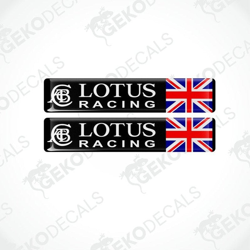 Two vinyl decals for Lotus Racing England, one with the brand logo and the other with the logo and a Union Jack flag.